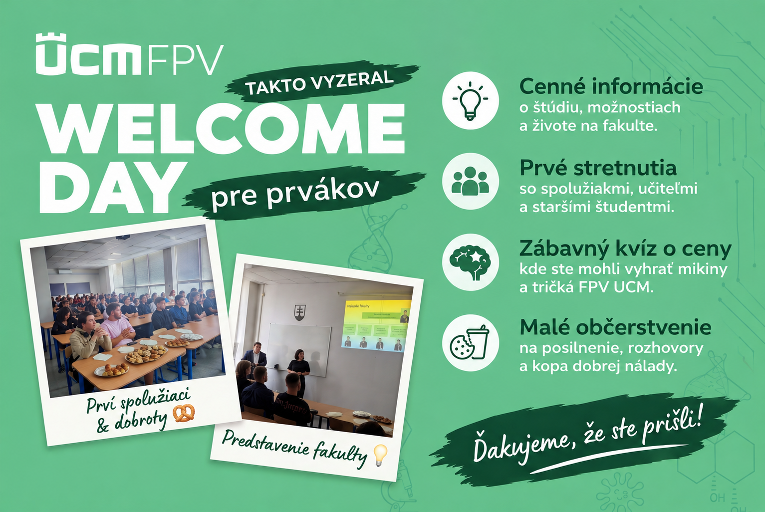 Takto vyzeral náš FPV UCM Welcome Day, počas ktorého sme privítali nové prváčky a prvákov! 💚